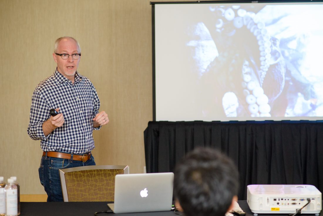 Mike Stocker (Supervising Animator) presents at the Finding Dory Long Lead press day at the Monterey Bay Aquarium in Monterey, CA. Photo by Marc Flores. ©2016 Disney•Pixar. All Rights Reserved.